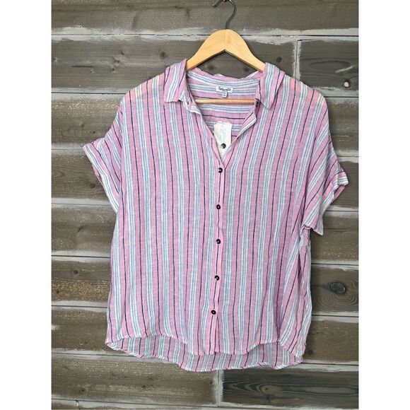 Splendid Button-Up Striped Short Sleeve Collared Pink White Top Size S NWT - Picture 6 of 9